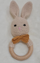 Load image into Gallery viewer, Natural &amp; Handmade Crochet Wooden Rattle Teether Ring - Bunny with Mustard Colour Bow