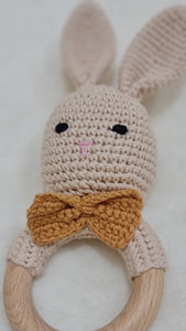 Natural & Handmade Crochet Wooden Rattle Teether Ring - Bunny with Mustard Colour Bow