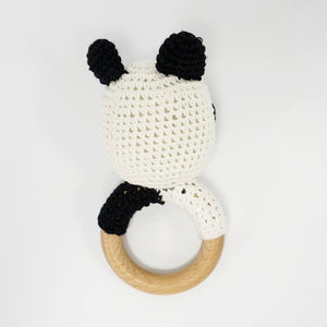 Natural & Handmade Crochet Wooden Rattle Teether Ring - Panda