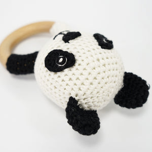 Natural & Handmade Crochet Wooden Rattle Teether Ring - Panda