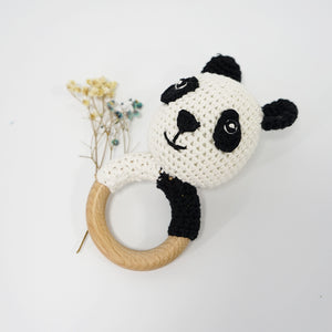 Natural & Handmade Crochet Wooden Rattle Teether Ring - Panda